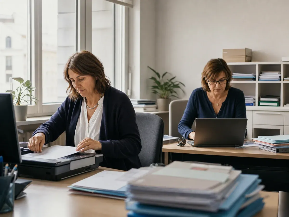 Deux professionnelles travaillent dans un petit bureau administratif