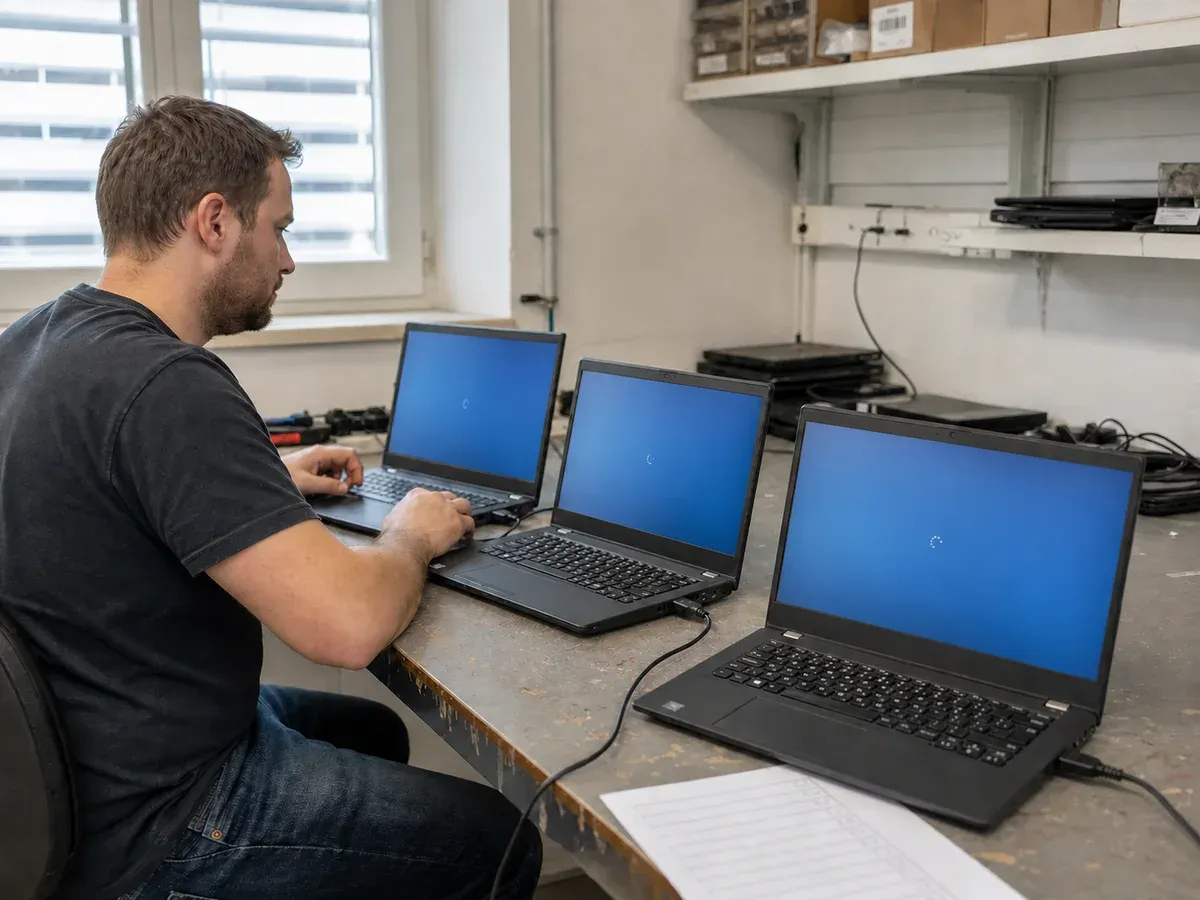 Trois PC portables Windows allumés pendant leur préparation avec la même configuration de sécurité